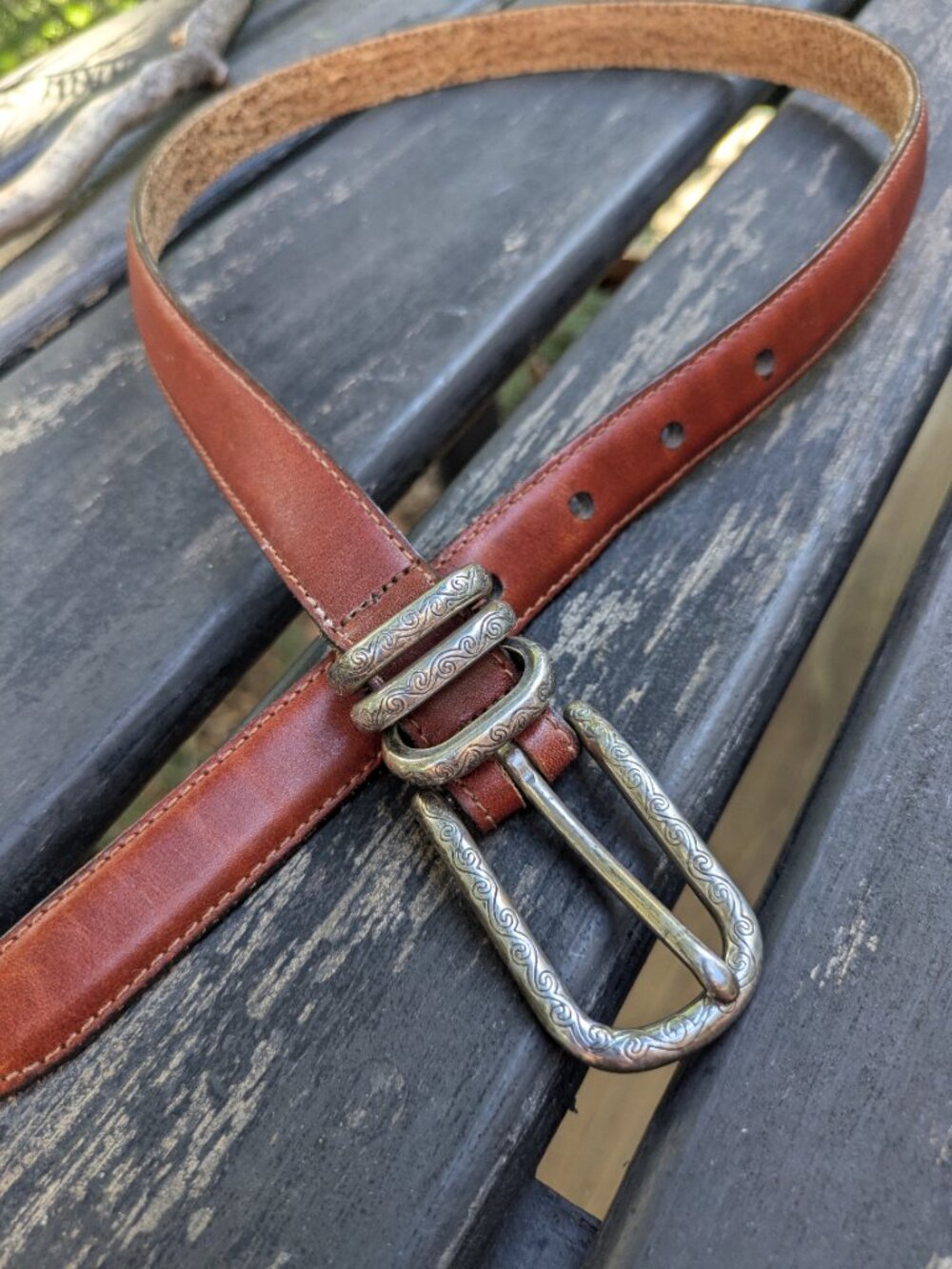 VTG Brighton 43607 Brown Leather Western Belt Scroll Silver Buckle Size M, 28" w